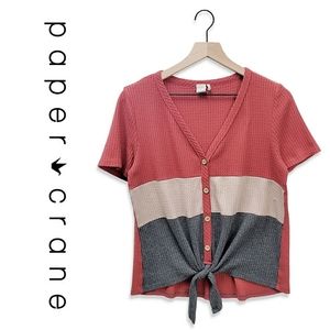 Paper Crane | Button Tie-Front Short Sleeve Tee | Red Cream Grey | Medium